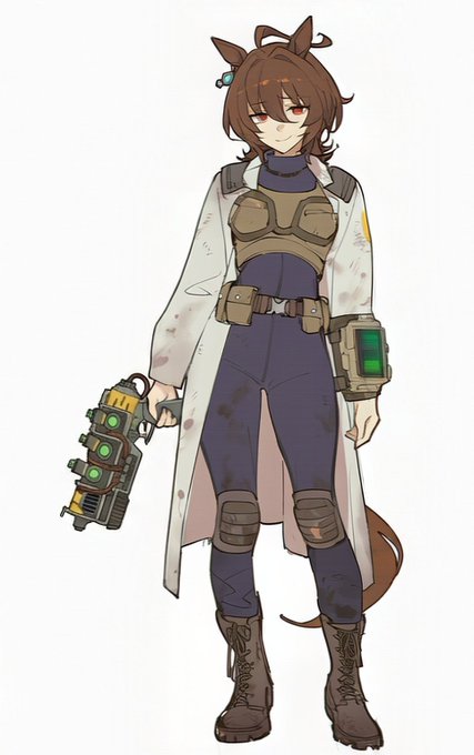 ウマ娘のアグネスタキオンがfallout世界の住民ならエンクレイヴから抜けてきた系統の科学者なんじゃないかなと思う なんやかんや優しい子なので倫理観ぶっちぎってるエンクレイヴは捨ててしまうだろうという確信がある これは前あげたやつのリデザイン版 