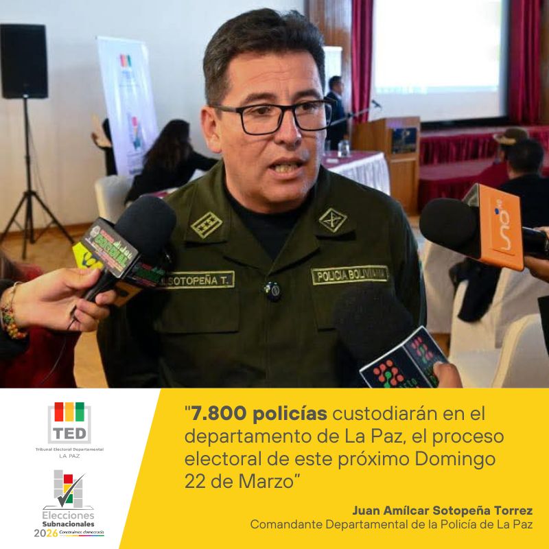 tedla_paz's tweet photo. 📷 A seis días de las Elecciones Subnacionales 2026, te presentamos la cifra del día:
📷 7.800 efectivos policiales resguardarán el departamento de La Paz durante la jornada electoral. https://t.co/EwT5xF1hMx