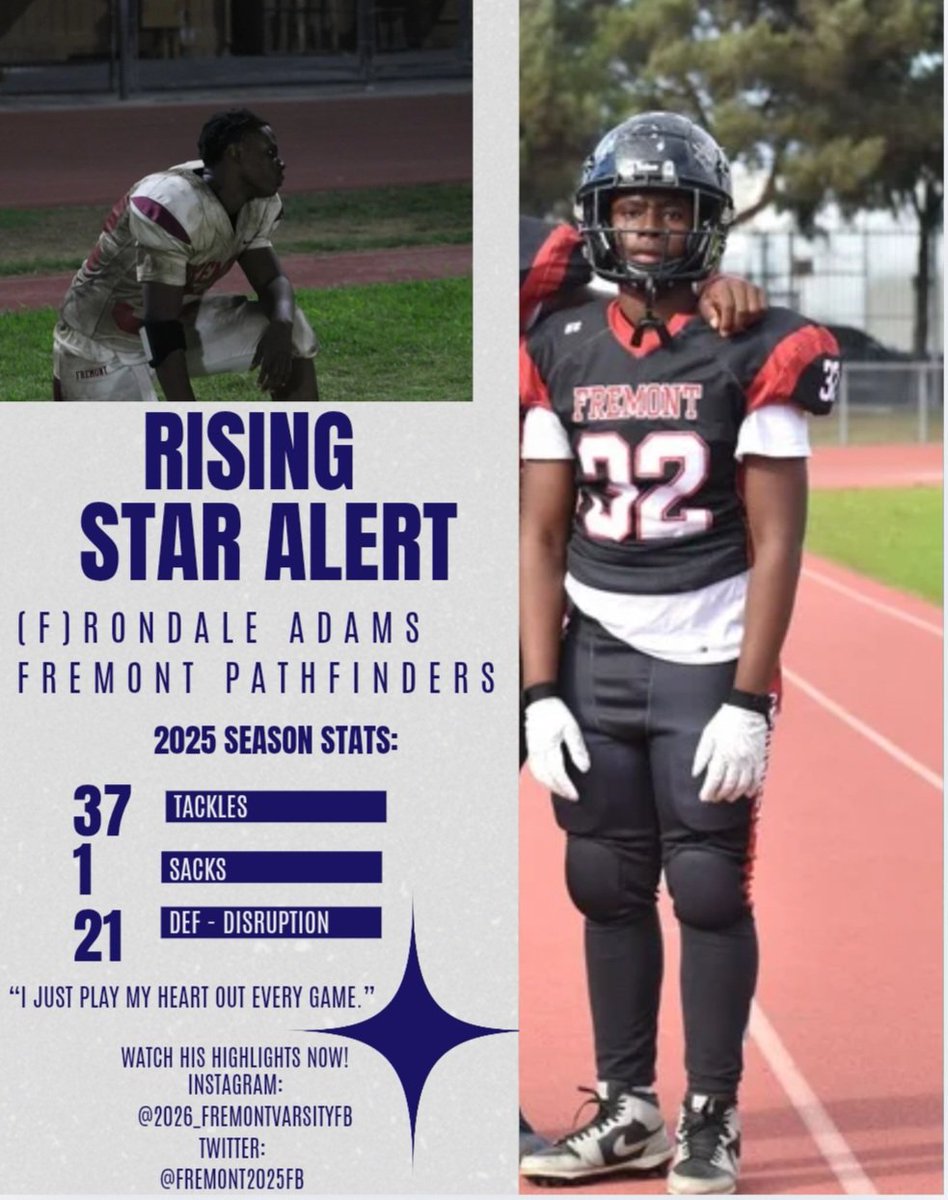 Fremont2025FB's tweet photo. He shall lead the way. Freshmen ATH Rondale Adams Fremont Pathfinders @RondaleAda51053 @txnygbm @ixpollo38 @GuirolaDo18 @AlbertoReyujg @LACitySection @CoachP1311 @TKJay15 @iamchuckprice @DanielIbarra65 @michaelJreed4 @vidrieroacc562 @CIFLACS @latsondheimer @2BEENTHAT_ @ruiz32332 https://t.co/rmhCOd8vrl