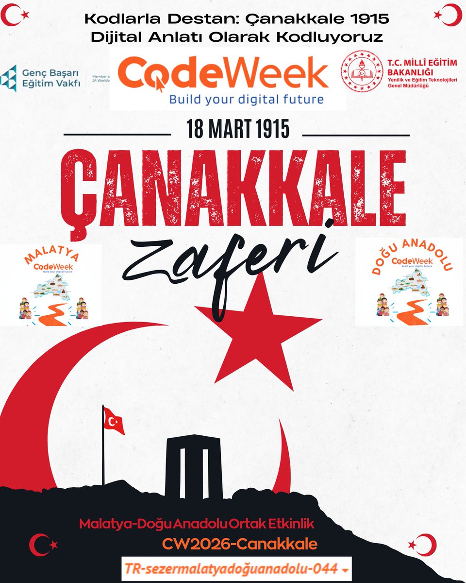 ssefasezer's tweet photo. CW2026-Canakkale Kodlarla Destan: Çanakkale 1915 🇹🇷18–23 Mart 2026’da #EUCodeWeek kapsamında; dijital okuryazarlık, yapay zekâ ve yenilikçi öğrenme yaklaşımlarını bütünleştiren bu etkinlik, Çanakkale ruhunu teknolojiyle yeniden yorumlayacağız. #Malatya
https://t.co/M8FVCHAvGc https://t.co/5uBaILsCzk
