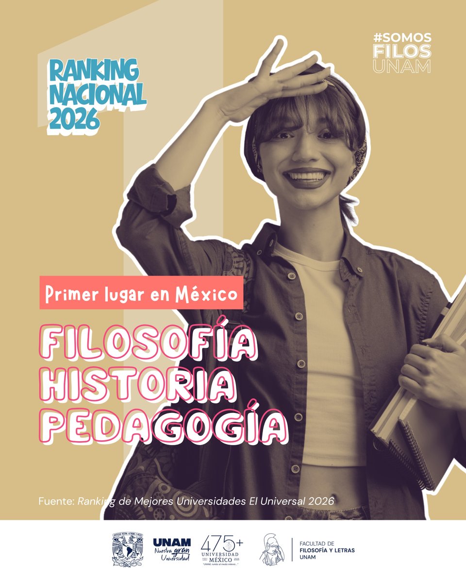 filos_unam's tweet photo. 🎉 ¡Primer lugar en México! #ComunidadFilos

Las licenciaturas en Filosofía, Pedagogía e Historia de la Facultad de Filosofía y Letras destacan en el Ranking de Universidades en México, posicionándose en el primer lugar. Un reconocimiento al trabajo de su comunidad académica, estudiantil y de investigación #EnFilos

Conoce más en la nota 👉 https://t.co/0LGjTtLefT