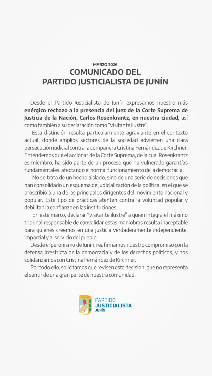 PJJunn1's tweet photo. El partido Justicialista de Junín expresa su más enérgico rechazo a la visita a nuestra ciudad del Juez de la Corte Suprema de la Nación Carlos Rosenkrantz, así como también a su declaración como ¨visitante Ilustre¨.
#PartidoJusticialistaJunin #CuidarLoLogrado #JusticiaDelPueblo https://t.co/pMa5FpEhLw