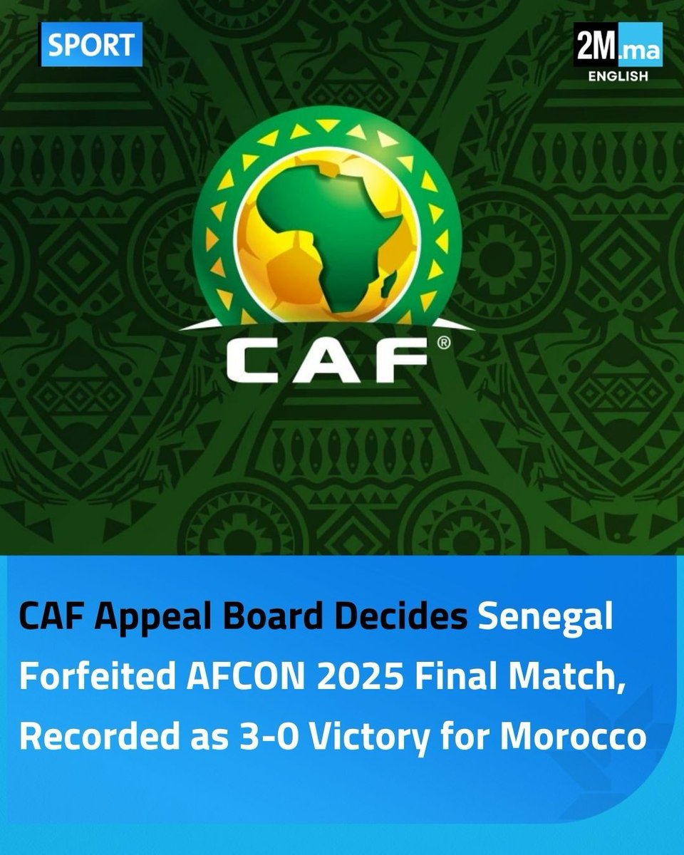 2MInteractive's tweet photo. CAF’s Appeal Board has ruled that Senegal forfeited the AFCON Morocco 2025 final, with the match officially recorded as a 3-0 victory for Morocco. 

#2menglish https://t.co/hXlIW4brZy