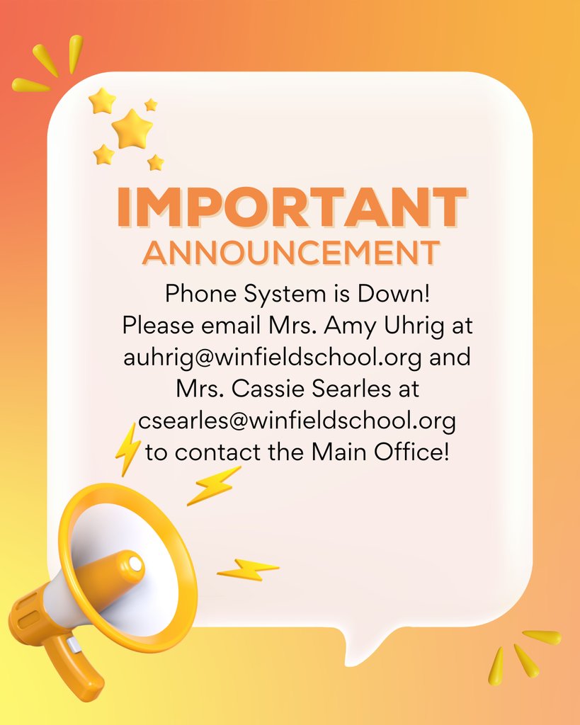 ForTheWinfield's tweet photo. Our phone system is still down! We can't receive or make phone calls. When contacting the school,  email both Mrs. Amy Uhrig and Mrs. Cassie Searles. Please make sure we have the most up to date email on file. Sorry for the inconvenience! https://t.co/Eqz4cqxeE3