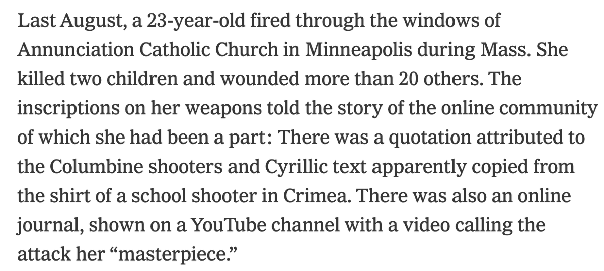 The New York Times publishes an OpEd about "online radicalization" and refers to two biological males who committed mass shootings as female. 
archive.is/Um7hs#selectio…