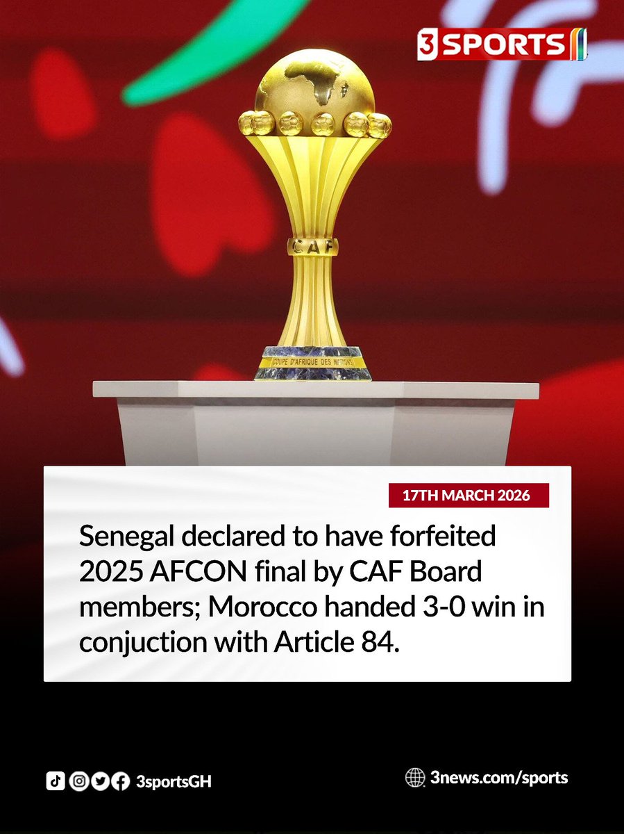 tv3_ghana's tweet photo. Morocco stunningly declared winners of the 2025 AFCON.  

#3Sports #TV3GH https://t.co/ZS7wBFdmPD