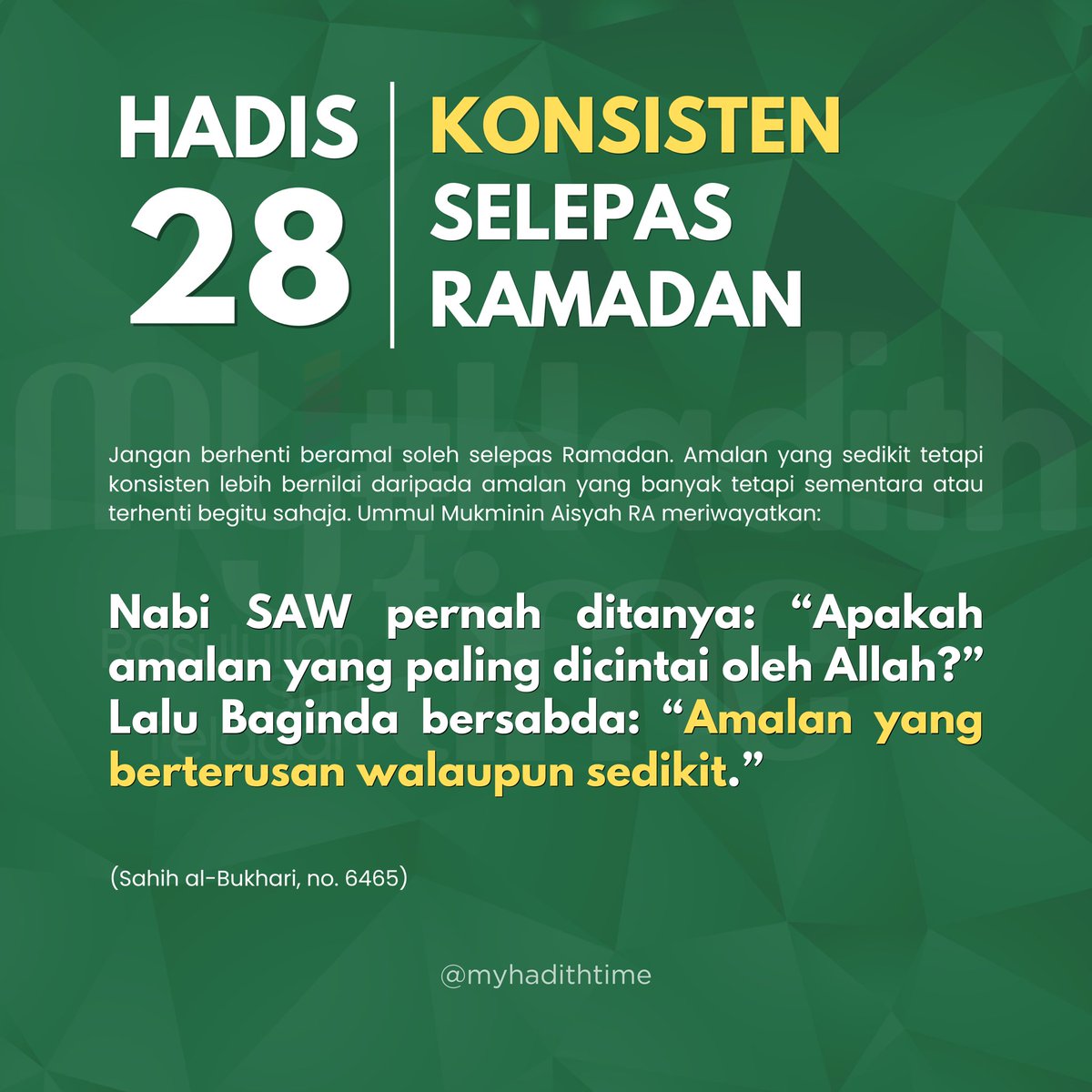 Jangan biarkan semangat beramal terhenti selepas Ramadan. Teruskan walaupun sedikit, kerana amalan yang konsisten lebih bernilai di sisi Allah berbanding amalan yang banyak tetapi hanya sementara dan akhirnya terputus.