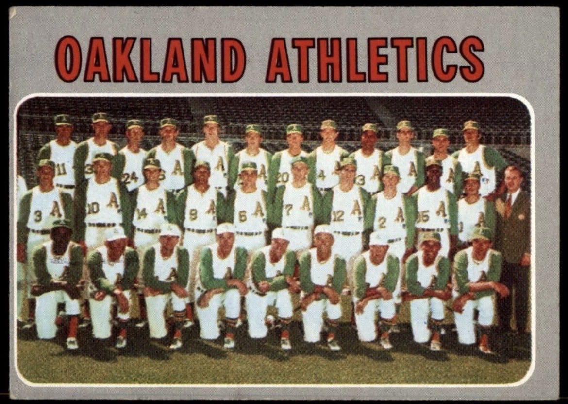 CardboardHistry's tweet photo. Back in the ‘70s, the #As had so many different ways to wear green! 😁 #HappyStPatricksDay ☘️
(That’s #JoeD just left of center in front row of team card.😵💫) https://t.co/GrSMru5phE