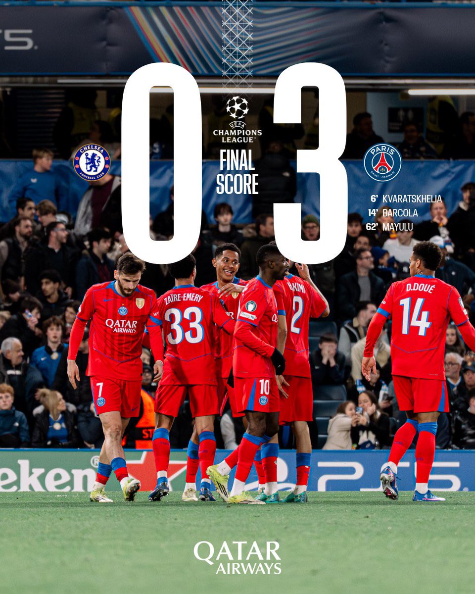 imfuraluc01's tweet image. #UEFACL | FT 

Chelsea FC 0-3 PSG (2-8)

K. Kvaratskhelia 6'
B. Barcola 14'
S. Mayulu 62'

PSG YAGARUTSE! #VISITRWANDA 

@bbkigalifm 89.7 FM
