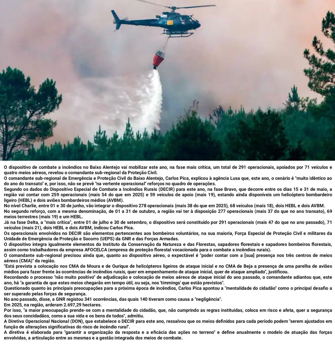 Baixo Alentejo com 291 operacionais, 71 veículos e quatro meios aéreos na fase Delta para combater incêndios
