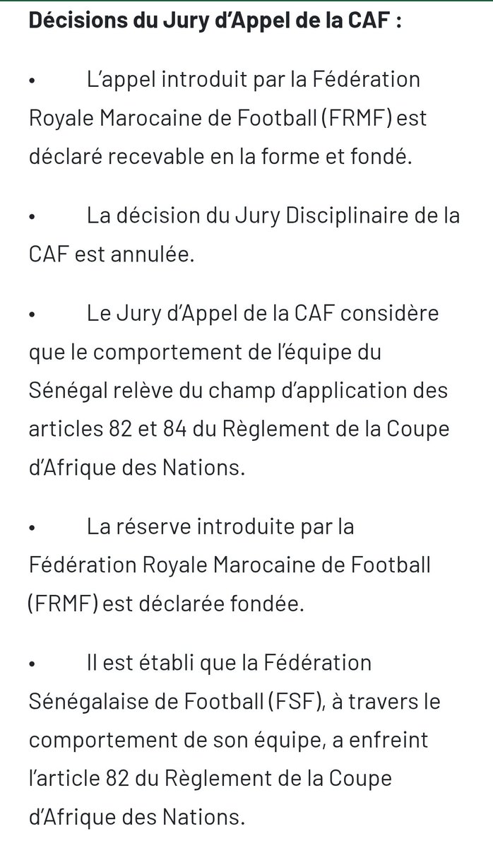 Nada_Yamani's tweet photo. 📍 JUSTICE DIVINE ☝️

Le Jury d’Appel de la @CAF_Media a décidé, en application de l’article 84 du Règlement de la #CAN, de déclarer l'@GaindeYi #forfait lors de la finale de la CAF 2025, le résultat étant homologué sur le score de 3-0 en faveur de la @FRMFOFFICIEL.

@EnMaroc 🫶 https://t.co/tBZm45E6S1