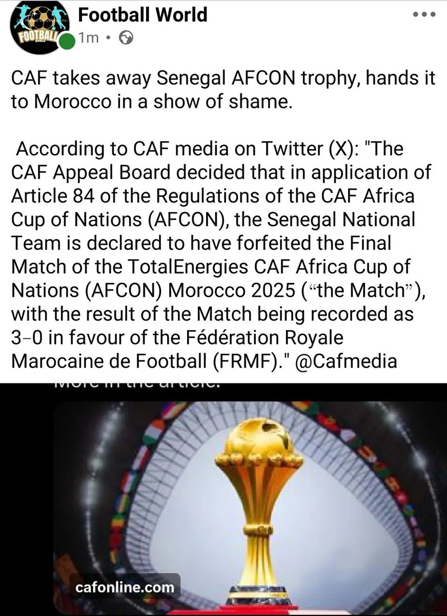 FootballWorld18's tweet photo. CAF takes away Senegal AFCON trophy, hands it to Morocco in a show of shame.
#cafinal #football https://t.co/GG0BVI5rha