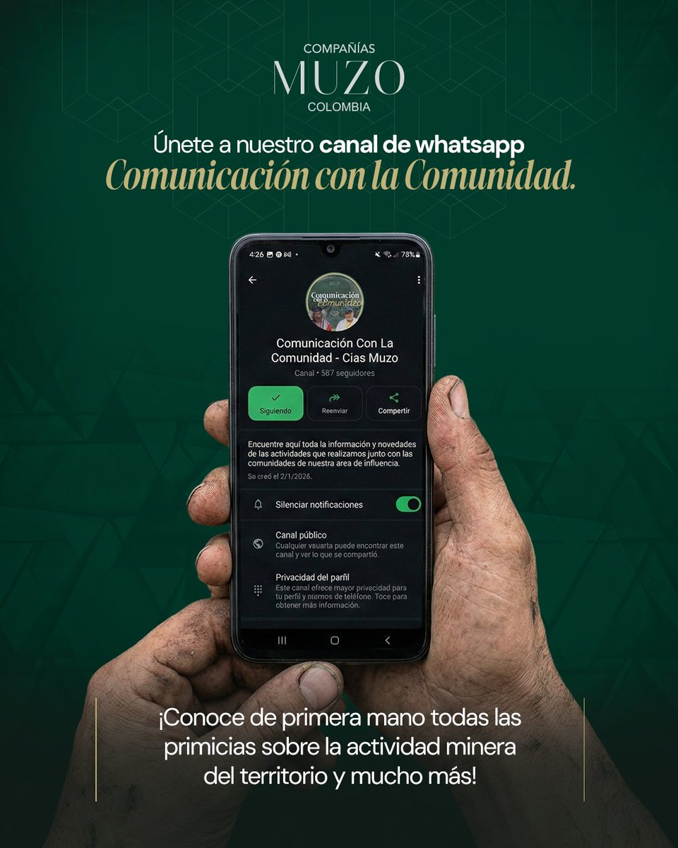 En Compañías Muzo creemos en el diálogo abierto con quienes hacen parte del territorio. 💚

Por eso, seguimos creando espacios de información clara y cercana para construir un futuro de esperanza, paz y prosperidad en el occidente de Boyacá. 🤝

Únete a nuestro canal de WhatsApp: