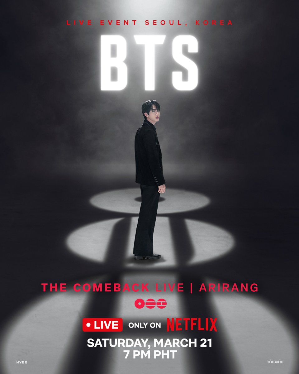 RM + Jin + SUGA + j-hope + Jimin + V + Jung Kook. BTS THE COMEBACK LIVE | ARIRANG. March 21, 7PM PHT. LIVE worldwide exclusively on Netflix. 

#BTSLiveonNetflix #BTS_ARIRANG