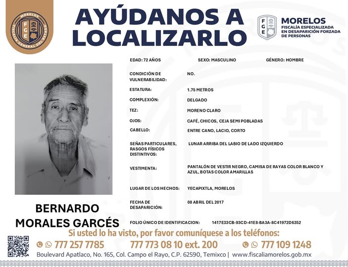 AYÚDANOS A LOCALIZAR A BERNARDO MORALES GARCÉS 

Solicitamos de tu colaboración para encontrar a Bernardo Morales Garcés de 72 años de edad, visto por última vez el 08 de abril en #Yecapixtla, #Morelos.