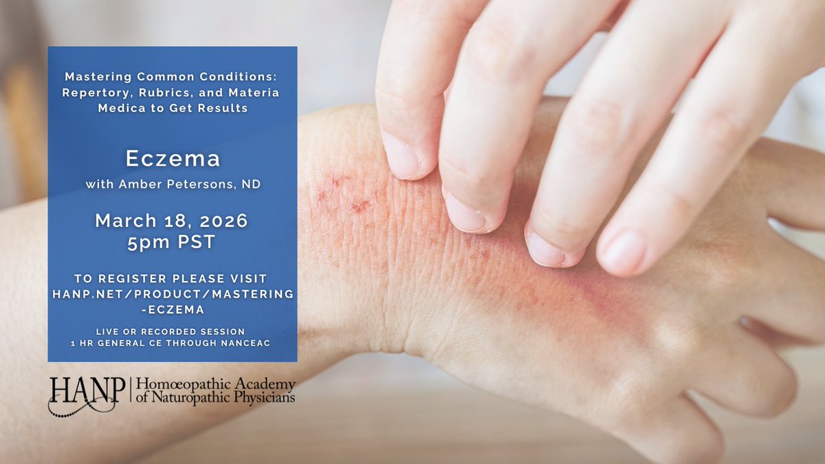 Eczema cases can be challenging.

This CE session with Amber Petersons, ND focuses on:

• rubric selection
• materia medica differentiation
• clinical case application
🕔 March 18, 5pm PST
🎓 1 CE hour
hanp.net/product/master…

#homeopathy #eczema #CE