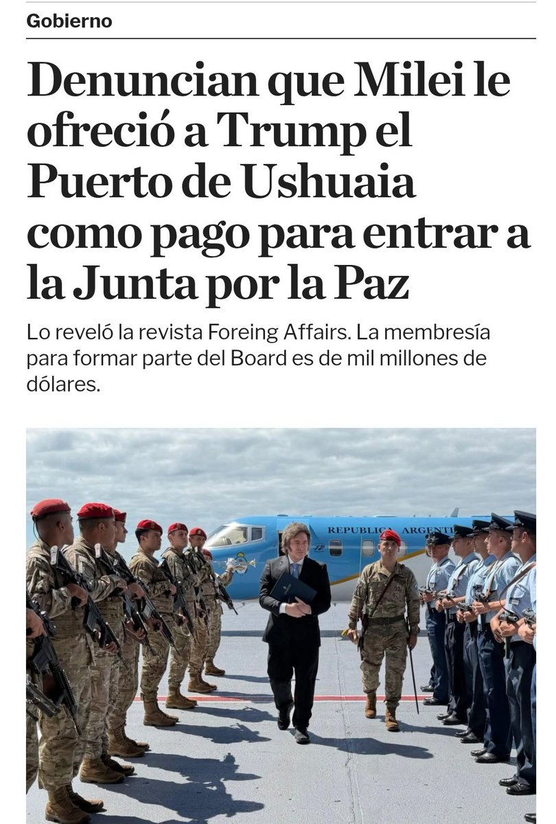 grcarmonac's tweet photo. Es tal el nivel de entrega de soberanía del (des) gobierno de Milei que hasta Foreign Affairs se hace eco de las versiones de que Argentina paga su participación en la abominable Junta de Paz cediendo el control del Puerto de Ushuaia. 

Pagar 1.000 millones para avalar el genocidio sería demencial. Pagarlo entregando un área estratégica del país es delito de lesa patria.

Fuera Trump de Argentina, fuera yankees de América Latina!

 Muy importante hallazgo de @LPOArg 
  https://t.co/ewqOFlhE24