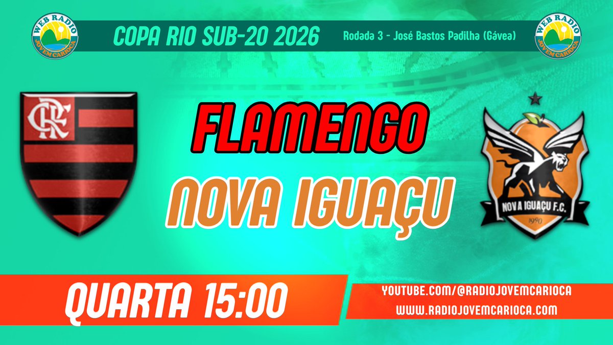 Nesta quarta, estarei na ancoragem de #Flamengo x #NovaIguaçu, pela Rodada 3 da #CopaRioSub20.

15:00, EM ÁUDIO, no canal do YouTube e no site da Rádio Jovem Carioca. Não perca!

youtube.com/@radiojovemcar…
radiojovemcarioca.com