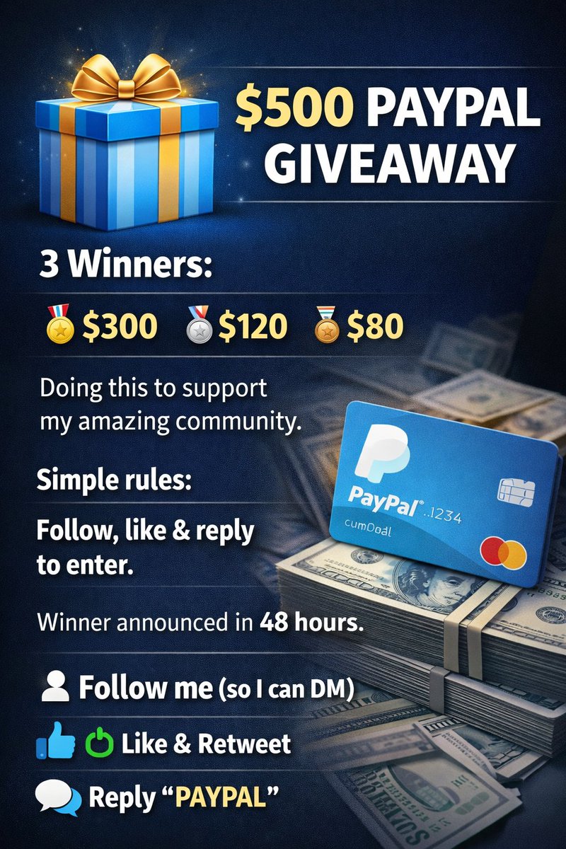 BanecaKhat63766's tweet photo. 🎁 $500 PAYPAL GIVEAWAY

3 Winners:
🥇 $300
🥈 $120
🥉 $80

Doing this to support my amazing community.

Simple rules:
Follow, like &amp; reply to enter.

Winner announced in 48 hours.

Follow me: (so I can DM)
Like and Retweet
Reply "PAYPAL"

#Giveaway #earning #socialmedia https://t.co/sFqU3PqoHA