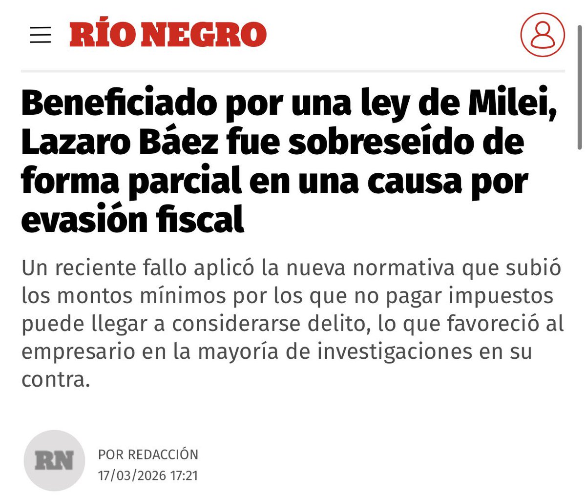 A los trabajadores como vos y yo, Milei no nos bajó ni un impuesto.
Pero a los millonarios, chorros y evasores como Lázaro Báez, los salva de la cárcel.
Todavía te seguís creyendo el cuento de la casta o ya te diste cuenta?