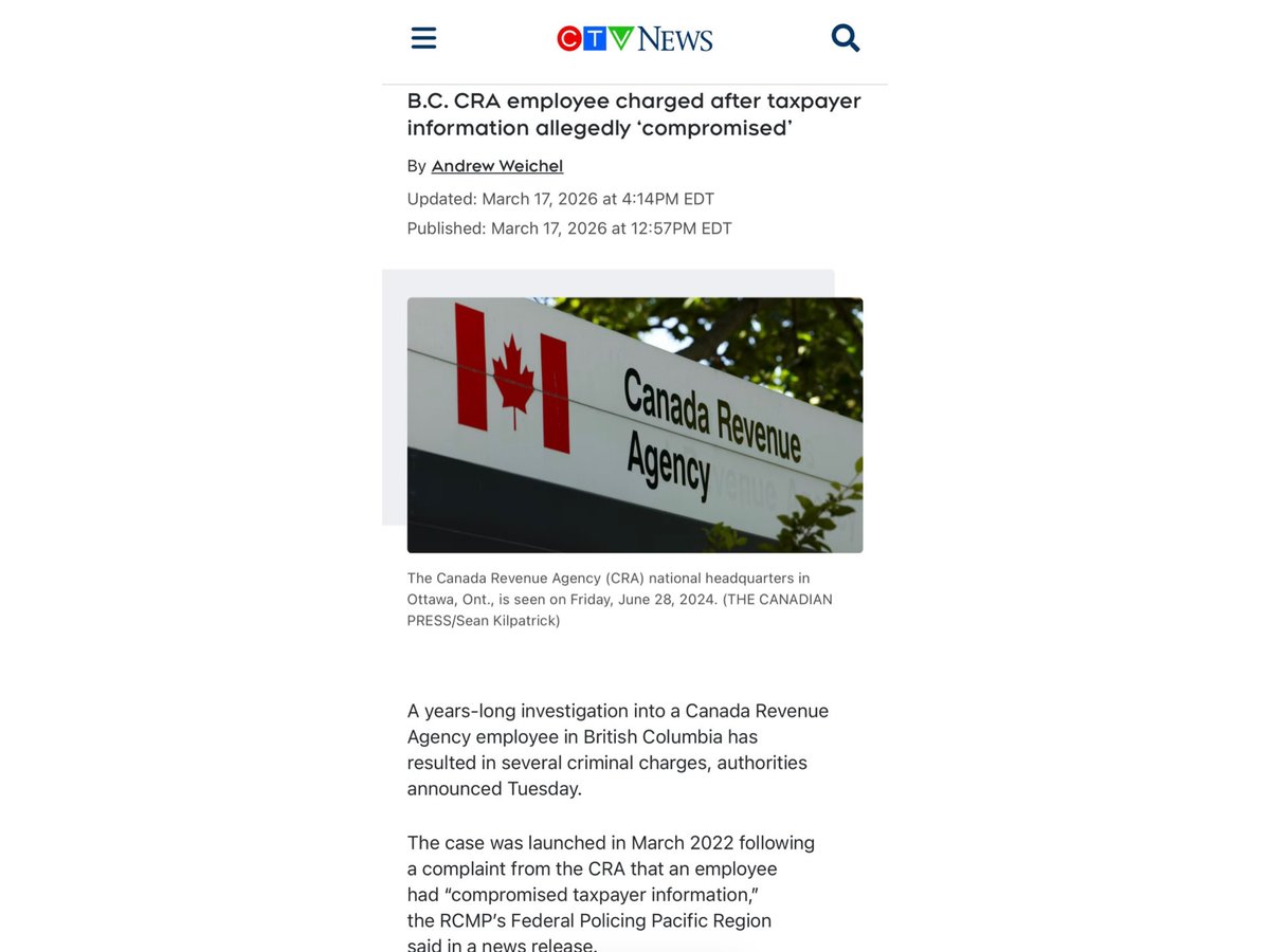 🚨 Taxpayer information trafficked.

A CRA employee (Yoan Zola, 35) has been charged with trafficking taxpayer information.

CRA deserves credit, they spotted it and reported it back in March 2022. But why did it take nearly FOUR YEARS to lay charges? 

This is taxpayer data.
