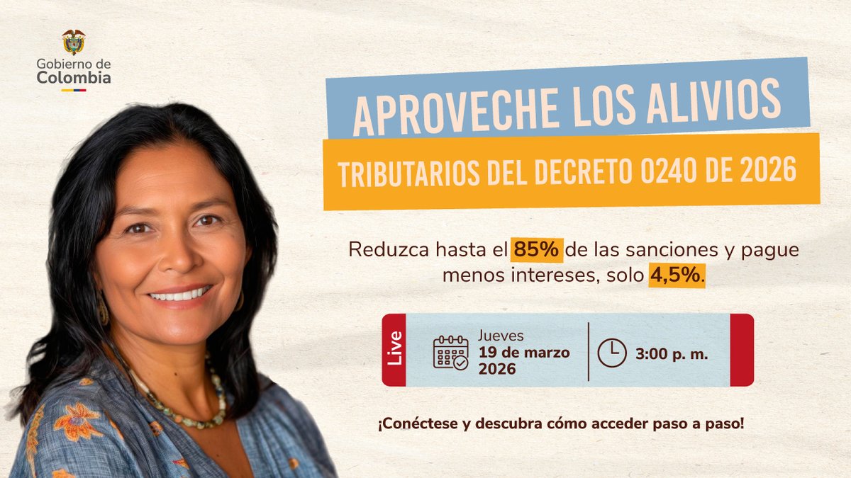 DIANColombia's tweet photo. 🧾 ¿Tiene deudas con la DIAN?✅ #EnClaveDIAN le explicará cómo acceder a la reducción del 85% en sanciones e intereses solo del 4,5%.🔴 Suscríbase al canal de YouTube y participe:  https://t.co/FJBCiNsqhk #AlDíaConLaDIAN https://t.co/8OAIRgpoXt