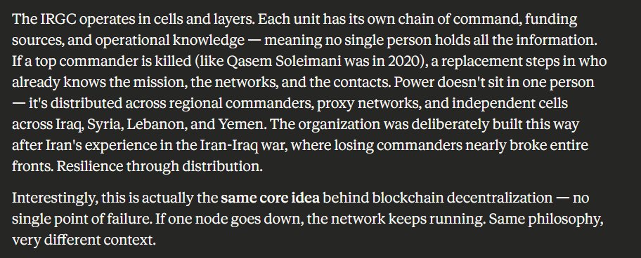 MahfuzWeb3's tweet photo. The true power of blockchain and the decentralized world 
Look at the structure of the IRGC and compare that with the #web3 ecosystem. 
🚨Caution: This isn't about the conflict or war; it's just an example to show how powerful and useful decentralization is.
#CryptoTwitter https://t.co/0sjCq5oAq9