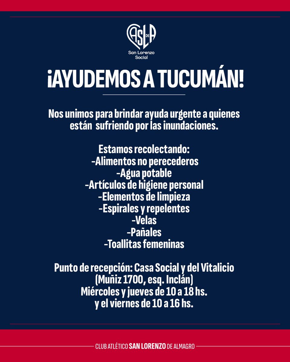 CaslaSocial's tweet photo. 🙏 ¡Ayudemos a la gente de Tucumán, que sufre por las inundaciones!

Estamos recolectando alimentos y elementos varios. ¡Vos podés sumarte!

📍 Casa Social y del Vitalicio (Muñiz 1700, esq. Inclán) 
⏰ Miércoles y jueves de 10 a 18 hs. y el viernes de 10 a 16 hs. https://t.co/pZICdUiSa4