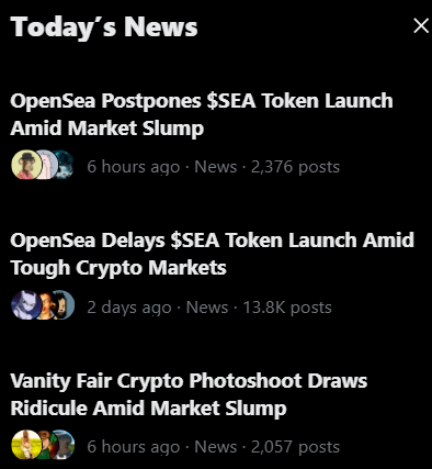 Hey <a href="/HollanderAdam/">Adam Hollander</a> and <a href="/chrismaddern/">Chris Maddern</a> you guys seem pretty quiet when Opensea is back on Today's News. You were posting all about it a month ago when you guys were there.

What changed? I wonder.

$SEA
