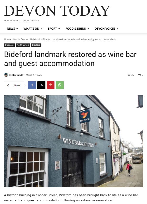 TheGenesisPR's tweet photo. The Patch Wine Bar &amp; Kitchen opened in November after owner Ali restored the former Patch and Parrot.

After years of closure and time spent at auction, the building has now been brought back to life.

DevonToday Link: https://t.co/TbfosAScn4 https://t.co/qTCjSCqJV8