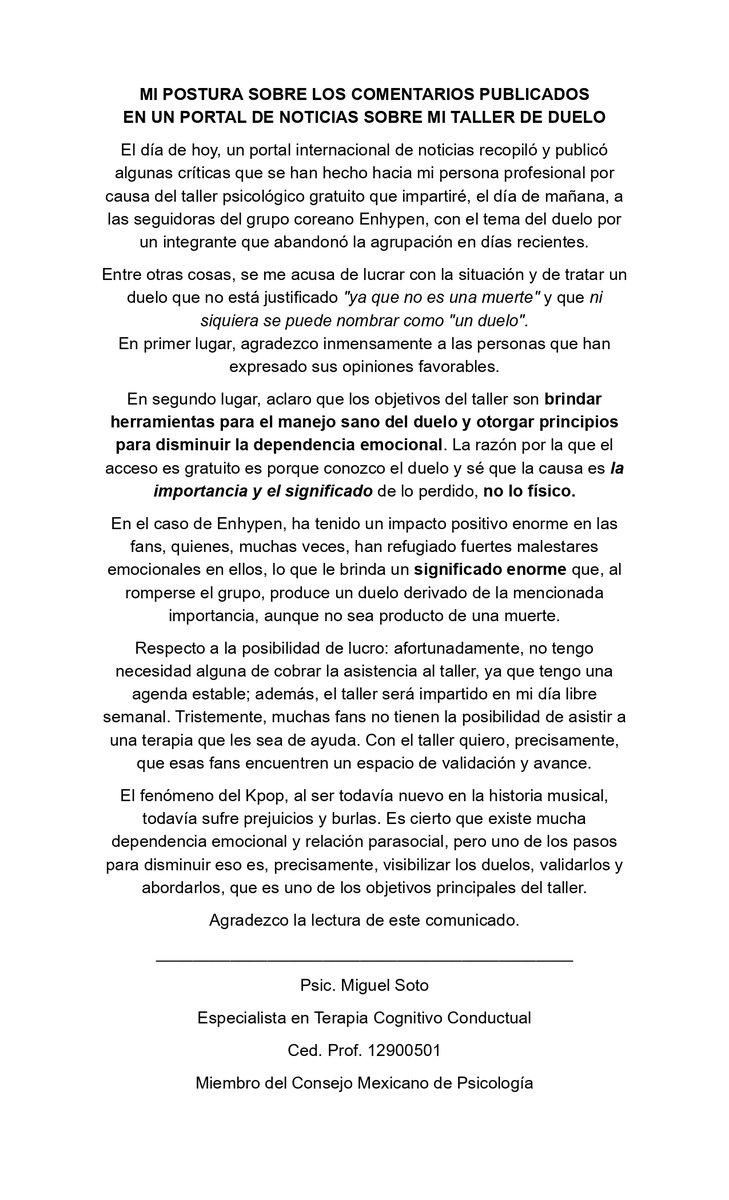 psicmiguelsoto's tweet photo. Sobre los comentarios y críticas publicadas en un portal de noticias internacional, respecto al taller de duelo por Heeseung, de Enhypen.

#ENHYPEN_İS_7 #ENHYPEN_İS_SEVEN #ENHYPEN_OT7 #HEESEUNG_IS_OUR_SINGER_NOT_YOUR_COMPANY_ASSET https://t.co/sZkGxdEupN