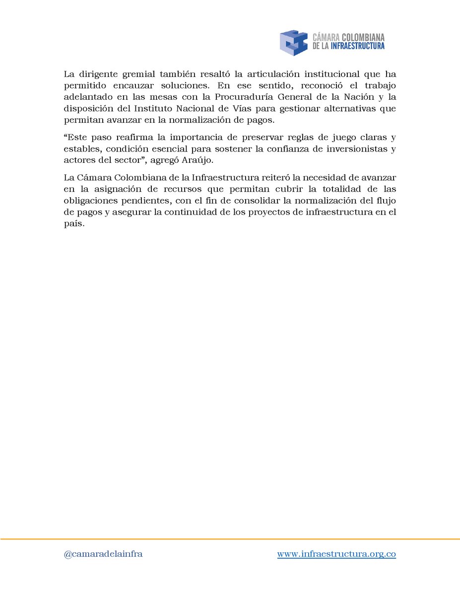 🚨Comunicado de Prensa CCI 
Hacienda aprueba $300.000 millones y alivia la caja del sector infraestructura
El gremio celebra la decisión y destaca que marca el inicio de la normalización de pagos a constructores, consultores e interventores.