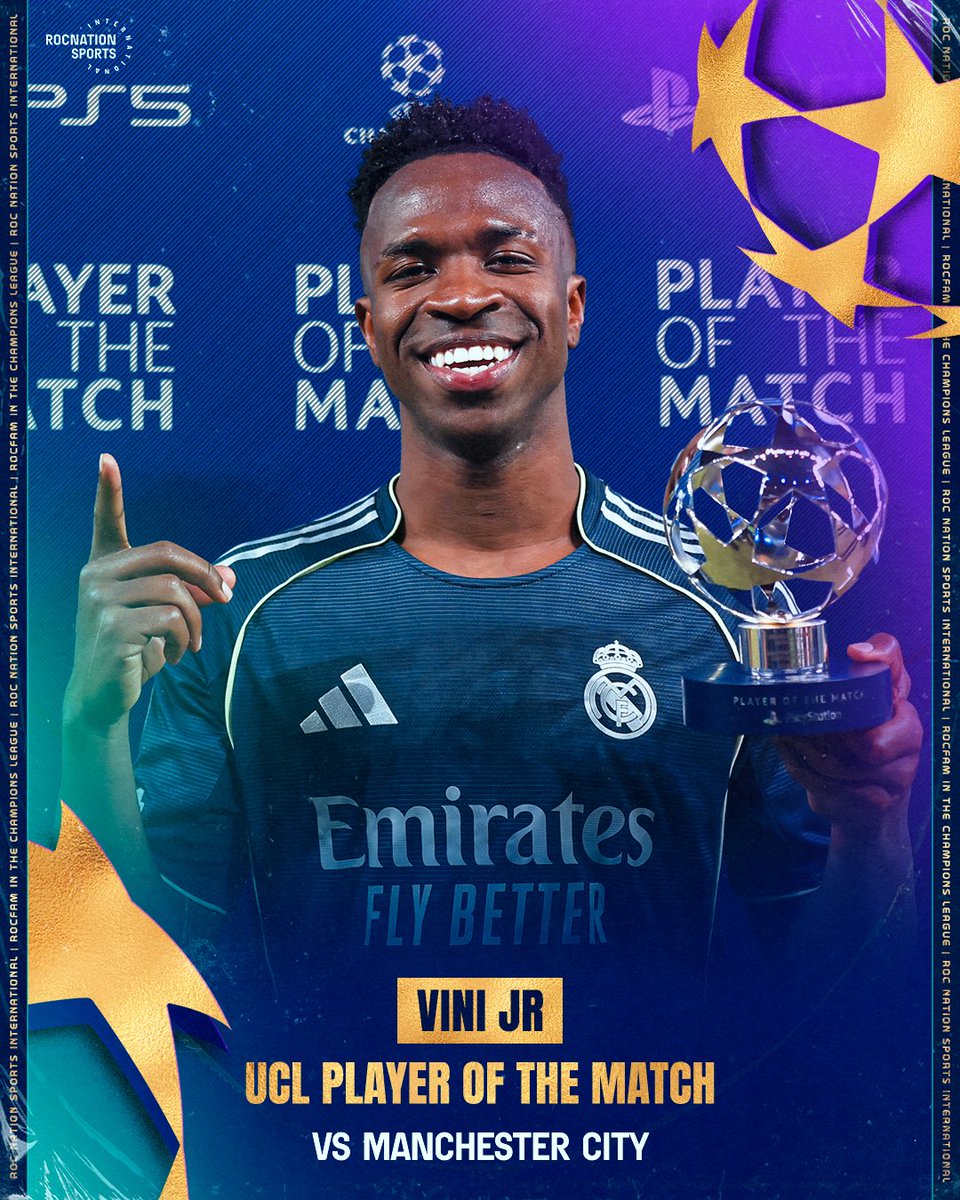 RocNationSI's tweet photo. Firing Real Madrid into the quarter-finals 💥 Two goals and Player of the Match for @vinijr https://t.co/OjaHGLdfni