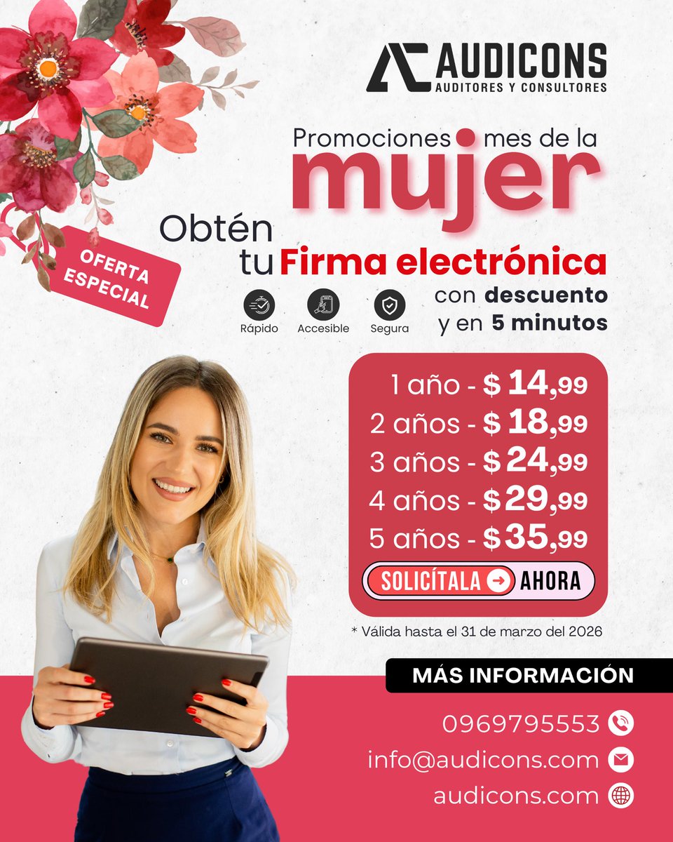 💥 Precio inigualable para la mujer que inspira
Firmas electrónicas de 2 a 5 años
🔐 Segura | ⚡ Rápida | 📄 Legal

📲 Escríbenos – AUDICONS