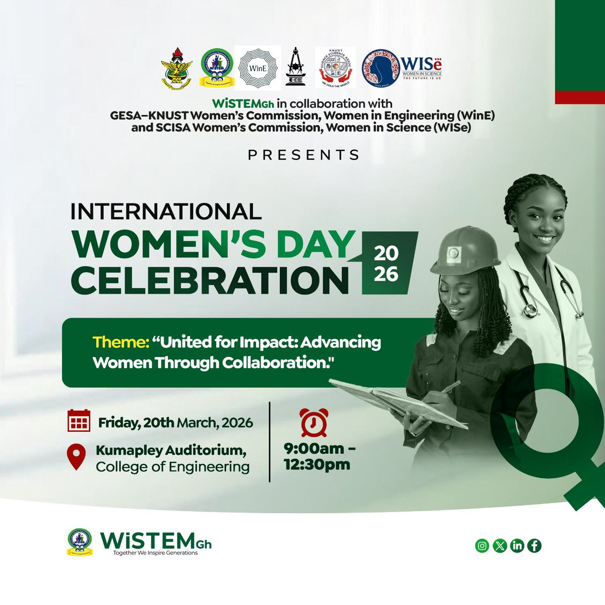 When women team up, impact multiplies🔥

Join us to commemorate International Women's Day 2026 and champion the power of unity in advancing women in STEM.

📆: 20th March, 2026
📍: Kumapley Auditorium
⏰: 9:00 AM- 12:30 PM

Come connect, learn and be inspired. See you there!