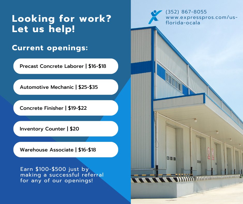 Discouraged in your job search? You're not alone! Express is a free service that can help place you at your next job!

Plus, check out a special referral bonus opportunity below! #WorkOcala #OcalaJobs