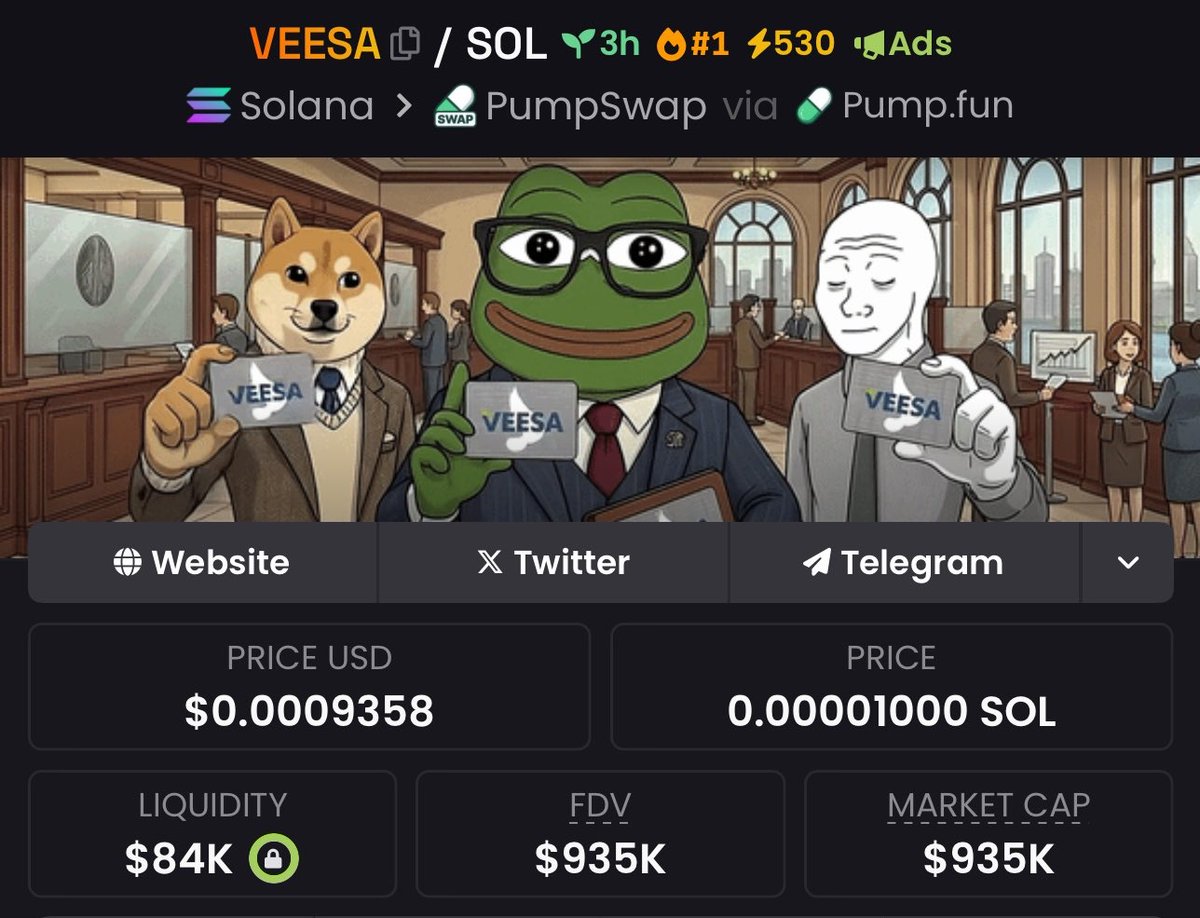 $VEESA ~ made me $36,000+
Called at ~ $38K MC → Ran to $935K MC (24.6×) 🚀

I bought ~ $1,500 worth of $VEESA 
Now it’s sitting at $36,000+.
24.6x run in just 10 minutes.

This is the kind of alpha I share with my community.
My win rate is very high (95%).

Want more moves like
