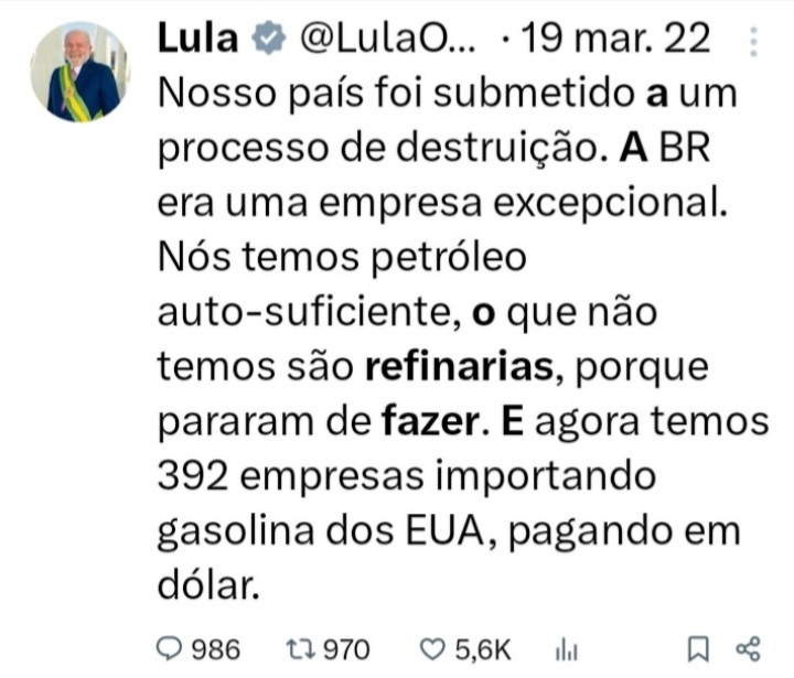 MoscardoJaime's tweet photo. @LulaOficial Sr. Presidente, onde estão as novas refinarias prometidas e necessárias para que o Brasil se torne autossuficiente em refino de petróleo? Quando serão  construidas as novas refinarias? Promessa é dívida. 👀🤔 https://t.co/FlINcWilIR