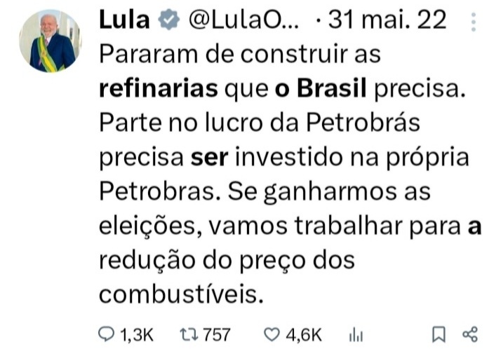 MoscardoJaime's tweet photo. @LulaOficial Sr. Presidente, onde estão as novas refinarias prometidas e necessárias para que o Brasil se torne autossuficiente em refino de petróleo? Quando serão  construidas as novas refinarias? Promessa é dívida. 👀🤔 https://t.co/FlINcWilIR