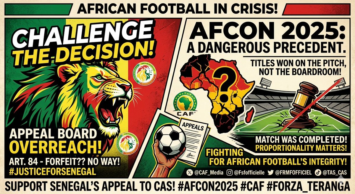 omwoyo_e's tweet photo. @CAF_Media @FIFAcom 

​#JusticeForSenegal
​#NoBoardroomChampions
​#SportingIntegrity
​#Article84
​#CAS_TAS
#AFCON2025
​#TotalEnergiesAFCON2025
​#CAN2025
​#ForzaTeranga https://t.co/dOhtw3X6dY
