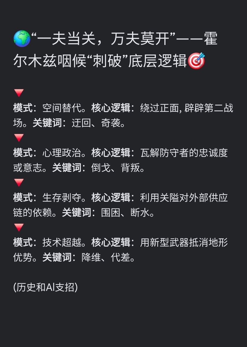 火烧眉毛了还玩政治❗
盟友不助，不可能人家质疑你的方法不对路❓

“一夫当关，万夫莫开”，霍尔木兹恰恰这样❗
地理“死”的。战争是“灵活”的艺术。拿破伦说：“地形之于战术，犹如容器之于内容物”。伊朗当那“一夫当关”之“一夫”早无底线，关隘裂缝破口不可能❓

想解决问题🤝放下傲慢与盟友好生商量。

👇