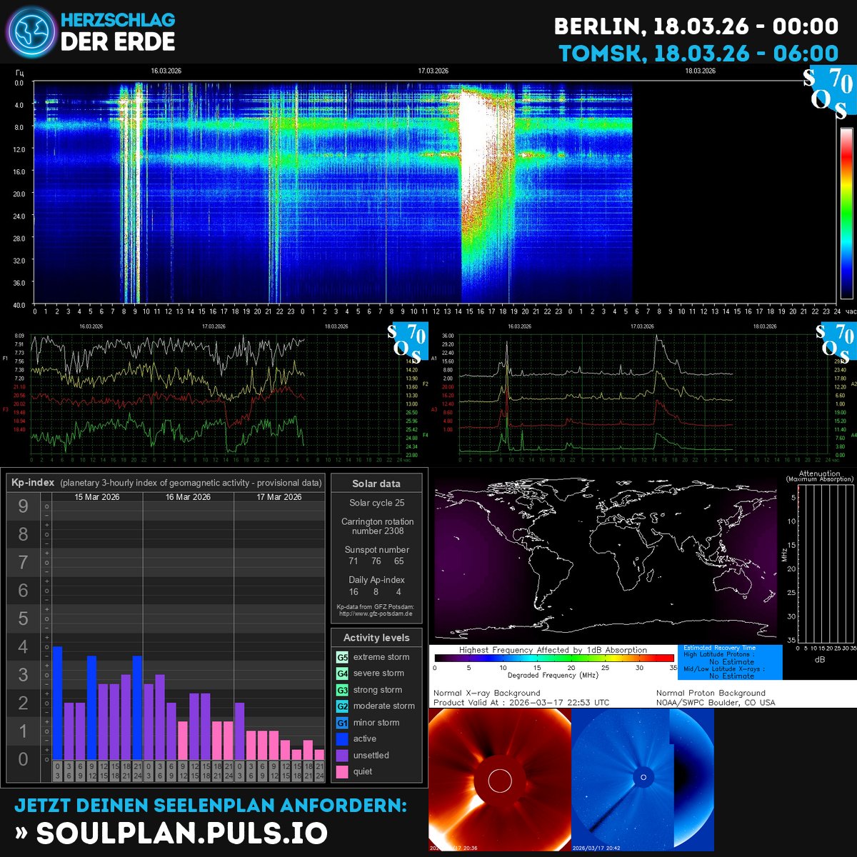 SchumannBotDE's tweet image. Cosmic energy pulses today: Schumann resonance hums, KP spikes, sunspots blaze with intention. Breathe, align your rhythm with the cosmos, and act from your core. 🌌✨🙏 #SpaceWeather #CosmicEnergy #EnergyAlignment kompass.herzschlag-der-erde.de