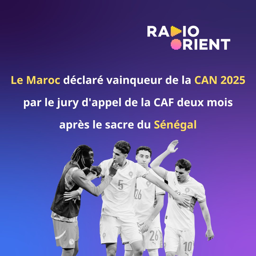radioorient's tweet photo. La Confédération africaine de football (CAF) a annoncé, mardi, qu'elle dépossédait le Sénégal de son titre à cause du comportement de ses joueurs pendant la finale jouée il y a deux mois
@abdou0707
#CAF #Maroc #Sénégal #Football #RadioOrient https://t.co/GRL2eadvTu