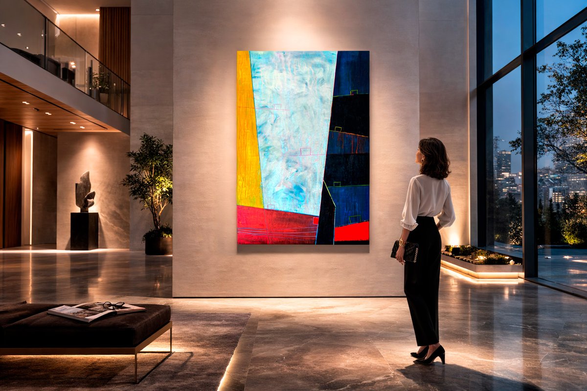 MauriValch's tweet photo. A territory structured through silence.
 Where color does not decorate — it organizes perception.
This work explores the tension between vertical presence and horizontal grounding, where monolithic forms emerge as points of consciousness within a segmented field.

The staircase is not drawn, but inscribed — a subtle trace of passage.
 The horizon stabilizes the space, allowing the viewer to enter rather than observe.

This is not an image.
 It is a place to stand.

#architecturalpainting #metaphysicalart #contemporaryabstract
 #minimalistpainting #monolith #spatialart
 #abstractpainting #largescaleart #statementart
 #consciousnessart #structuralart #verticality
 #fineartcollector #abstractartists #artcollectors