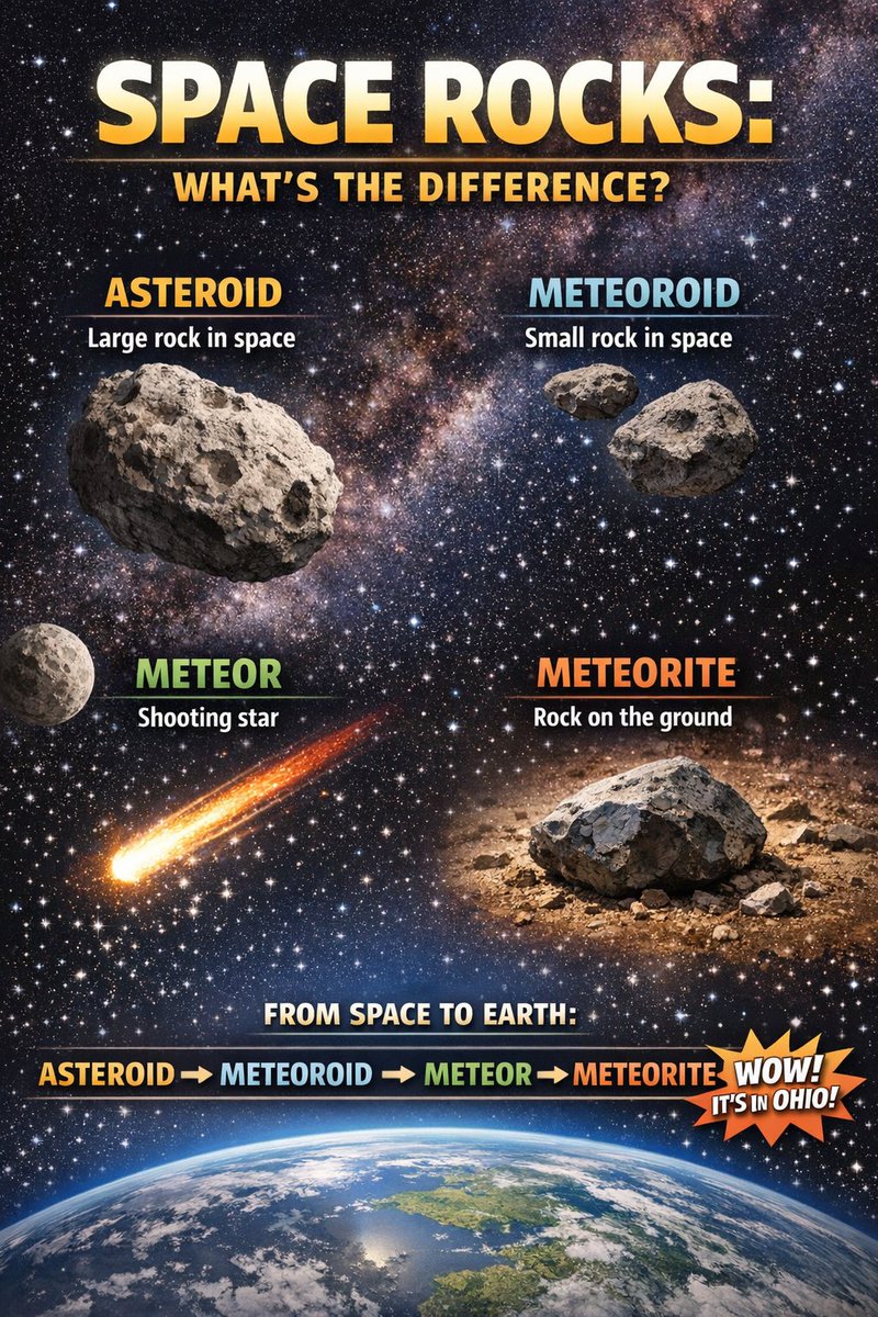 ChrisWTOL's tweet image. The BOOM💥today from the Fireball Meteor certainly sparked a ton of attention. Here is the basic difference from what's in space, shooting through the Earth's atmosphere down to the possible meteorites recovered in Medina county. #meteor #Ohio #Ohwx