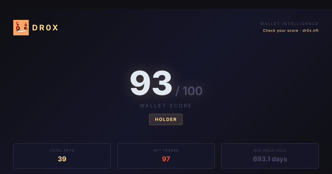 Just ran my wallet through @dr0x_nft — 93/100 (Holder). Check your score!