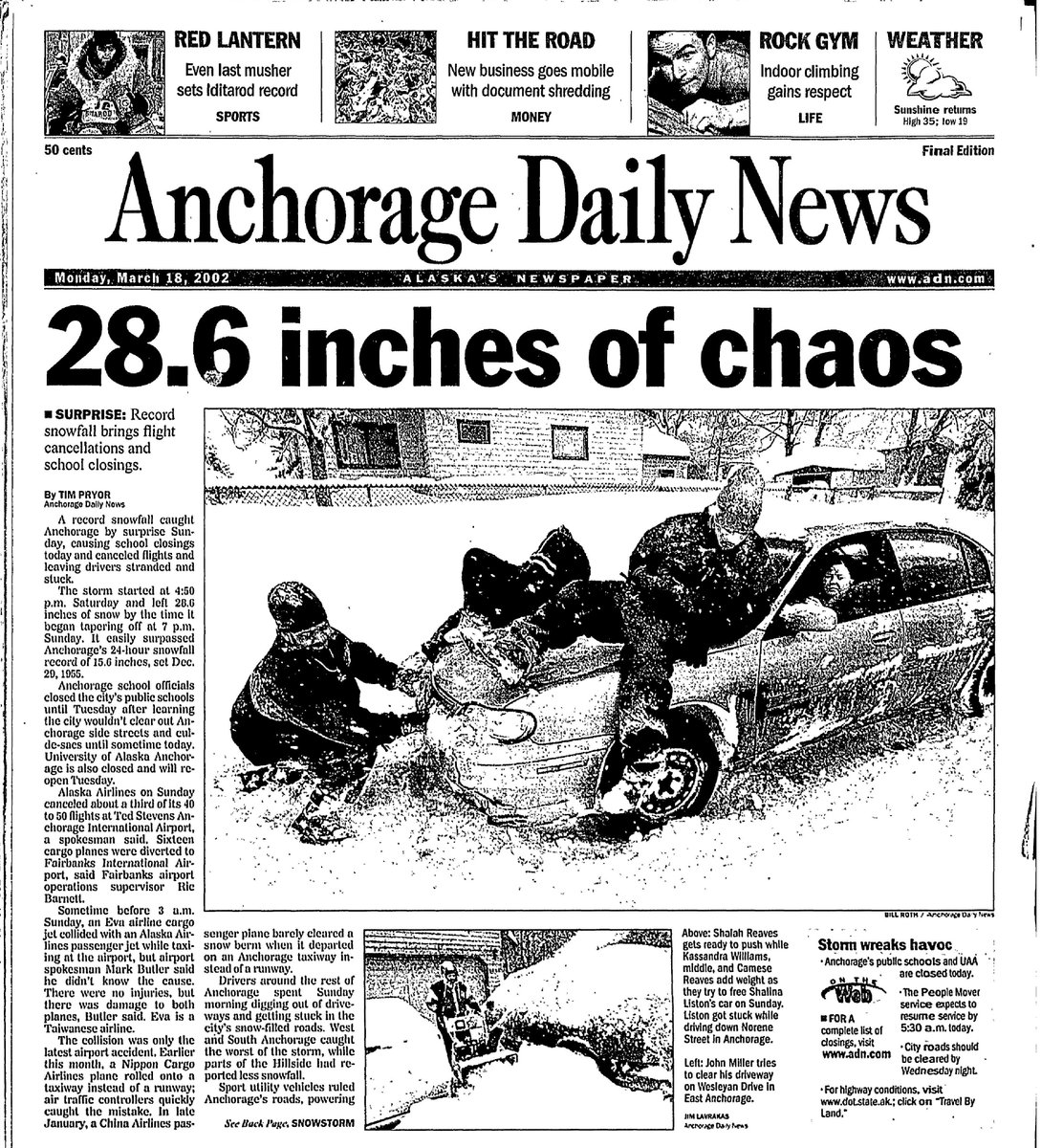 ANC_Historian's tweet photo. Most famous snowstorm in Anchorage history is probably the 2002 St. Patrick's Day storm--the Snow Massacre--with anecdotal reports of up to 30 inches of snow over March 16 to 17, around two inches of snow per hour for long stretches. #alaskahistory #anchoragehistory #alaska https://t.co/DI51AXrDDS