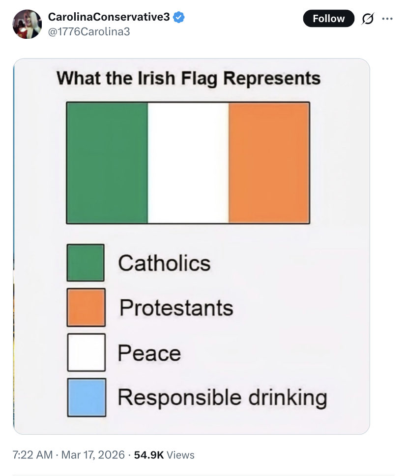 MWC_author's tweet photo. Saw several #stpatricksday ☘️ memes today. This one from @1776Carolina3 really cracked me up. Share the ones you found funny below. 👇
#irishflag #ireland https://t.co/4tyyXIWaZy