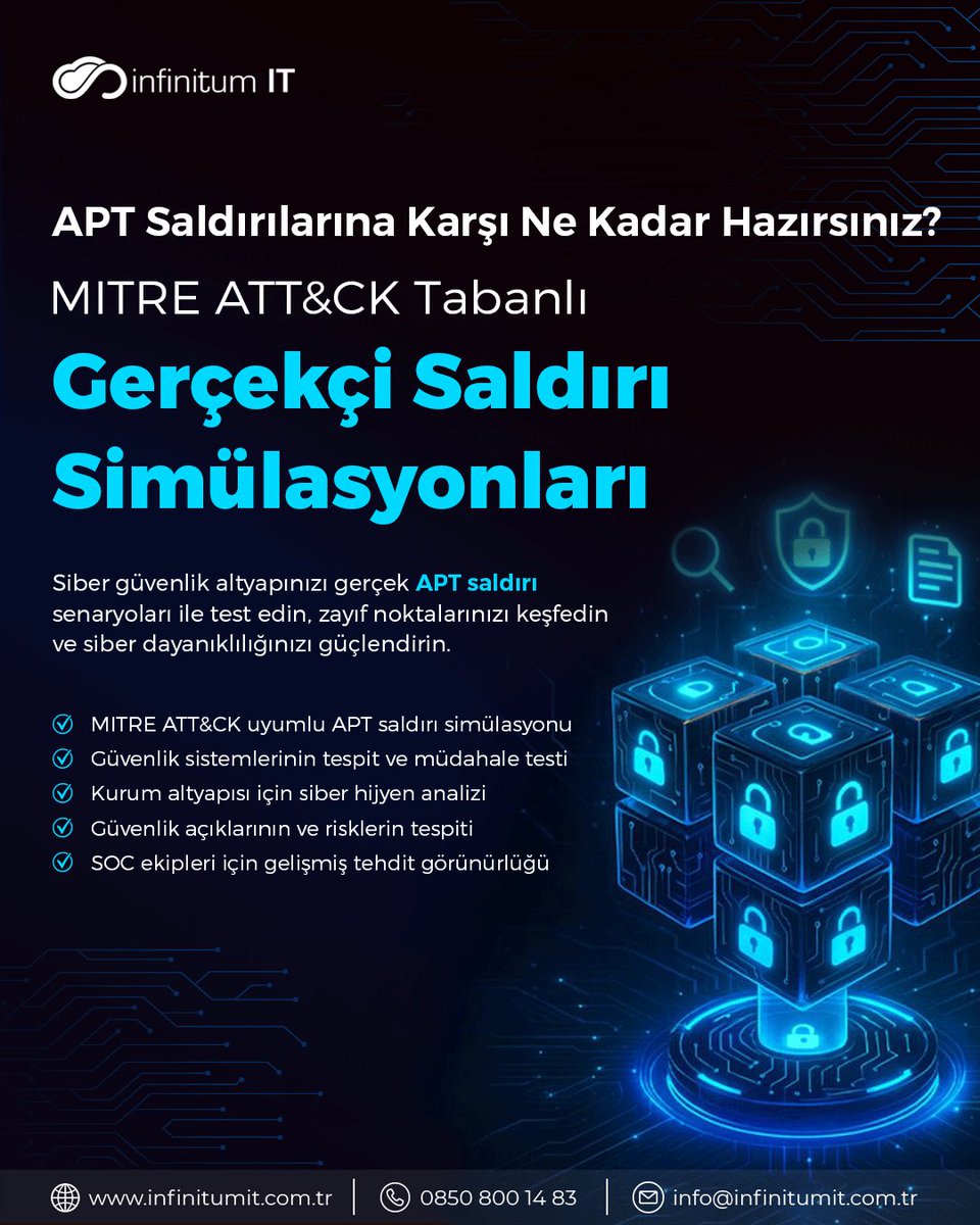 infinitumitlab1's tweet image. MITRE ATT&amp;amp;CK metodolojisine dayanan APT Tespit ve Siber Hijyen Analiz hizmetleri, kurumların savunma yeteneklerini gerçek saldırı senaryoları üzerinden ölçmelerini sağlayan kritik bir güvenlik yaklaşımıdır. 🚀
#APT #MITREATTACK #ThreatDetection #CyberSecurity #SOC #SiberHijyen
