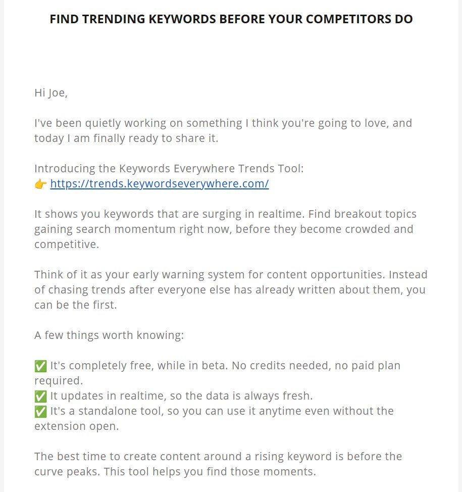 YoungbloodJoe's tweet photo. Breaking: Keywords Everywhere hast just released a beta test of a trending tool (similar to Exploding Topics) that is currently FREE while it is in beta.